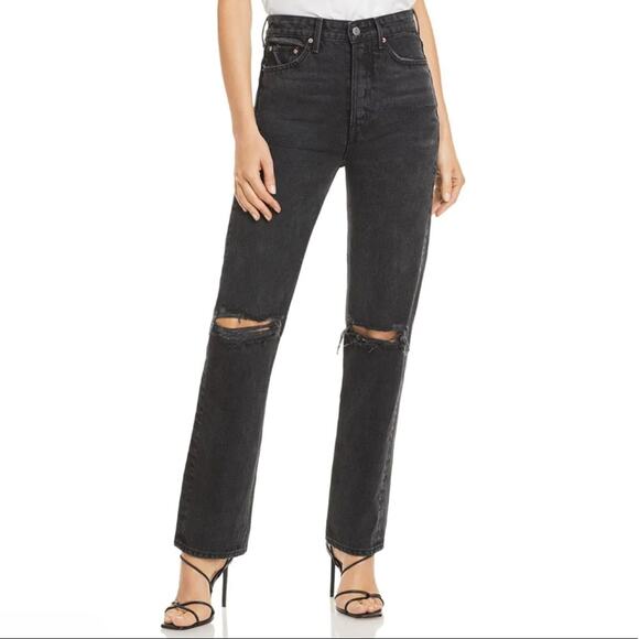 GRLFRND Black Mica Super High Rise Straight Leg Jeans Size 28